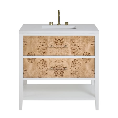 James Martin Vanities 36'' Single Vanity, Light Mappa Burl and Polished White w/ 3 CM White Zeus Quartz Top D804-V36-LMB-3WZ